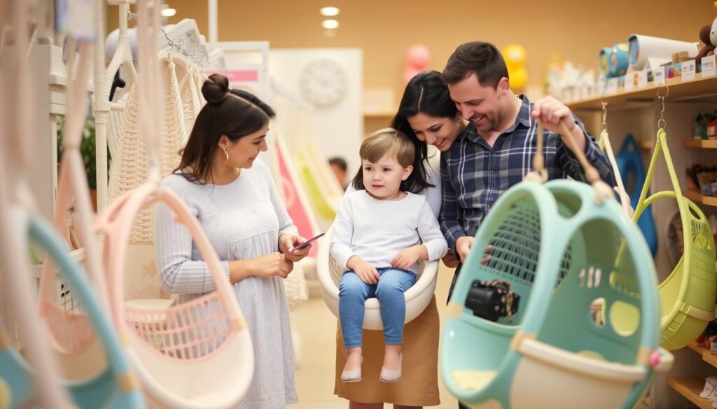 Familie beim Auswählen eines Hängesessel für Kinder im Geschäft Familie beim Auswählen eines Hängesessel für Kinder im Geschäft