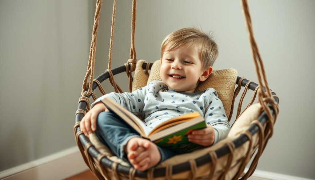 Glückliches Kind in einem Hängesessel für Kinder Glückliches Kind in einem Hängesessel für Kinder