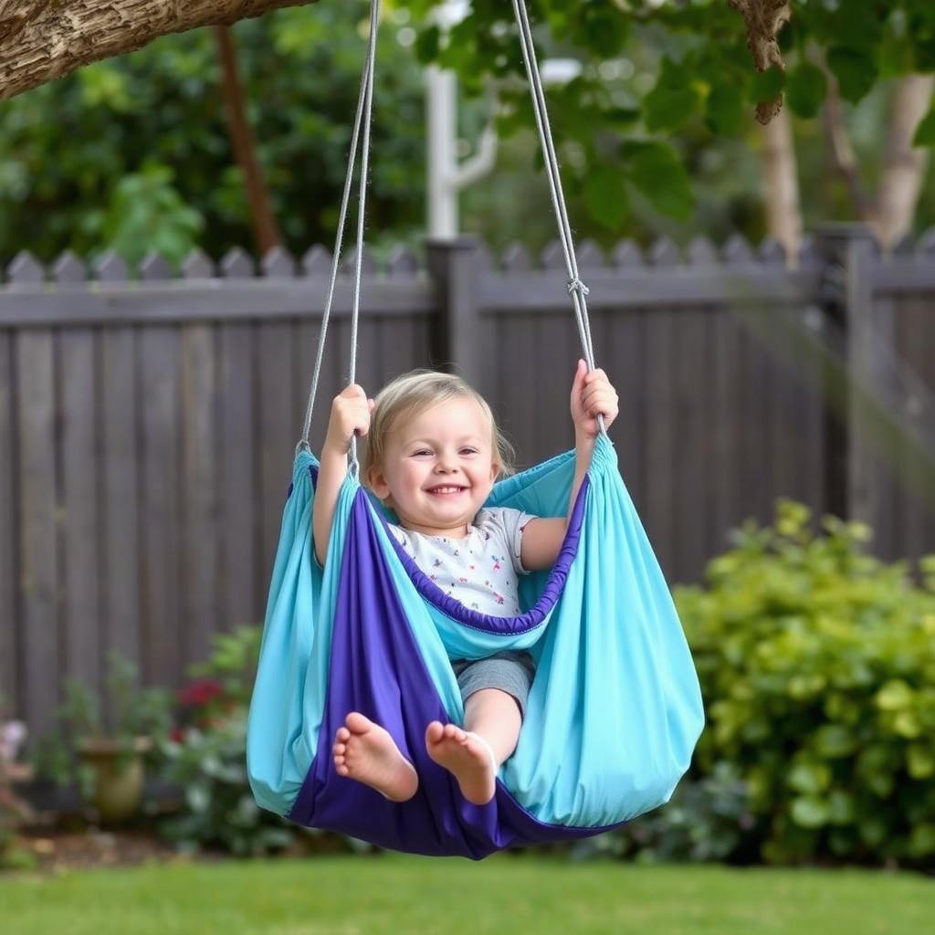 Kind schaukelt in einem Hängesessel für Kinder im Garten Kind schaukelt in einem Hängesessel für Kinder im Garten