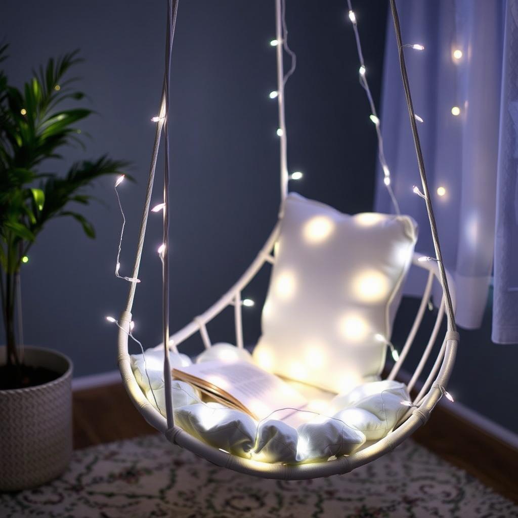 LED-Lichterkette an einem Hängesessel für Kinder LED-Lichterkette an einem Hängesessel für Kinder