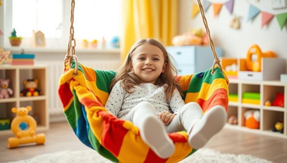 Mädchen entspannt in einem bunten Hängesessel für Kinder im Kinderzimmer