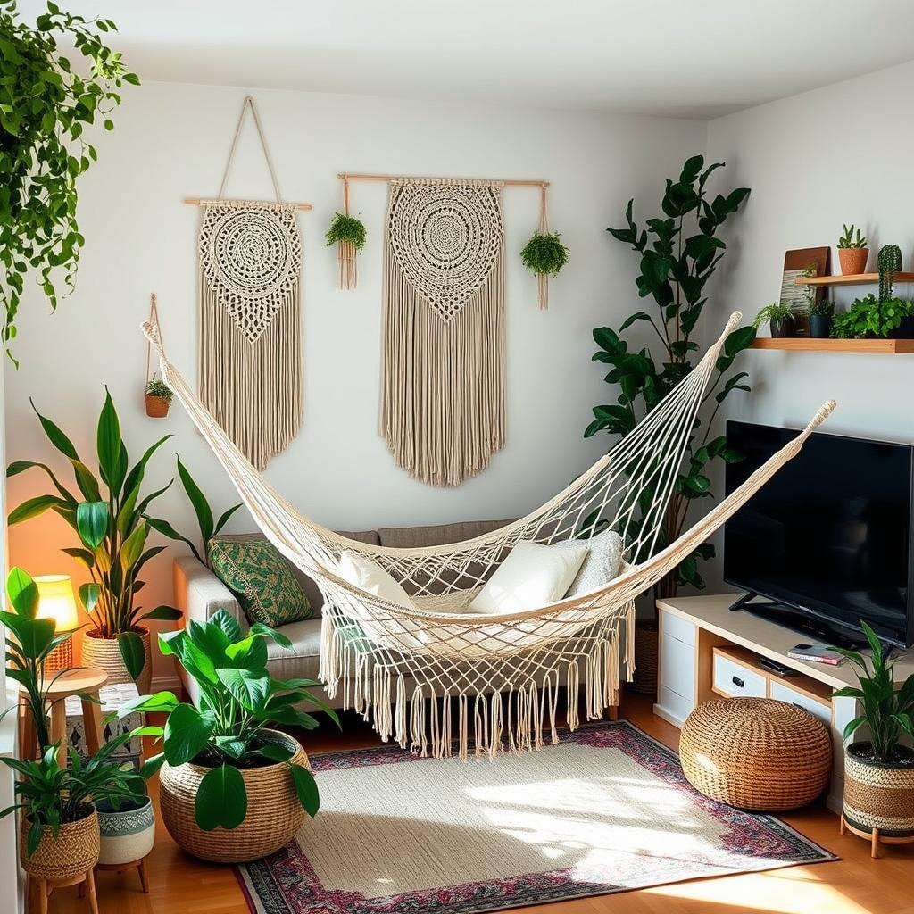 Boho Hängematte als dekoratives Element in einem Wohnzimmer im Boho-Stil Boho Hängematte als dekoratives Element in einem Wohnzimmer im Boho-Stil