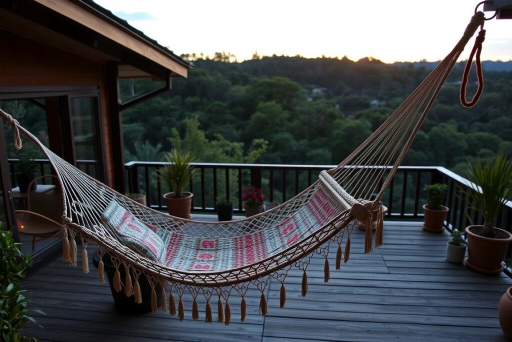 Boho Hängematte auf einer Terrasse mit Blick auf die Natur