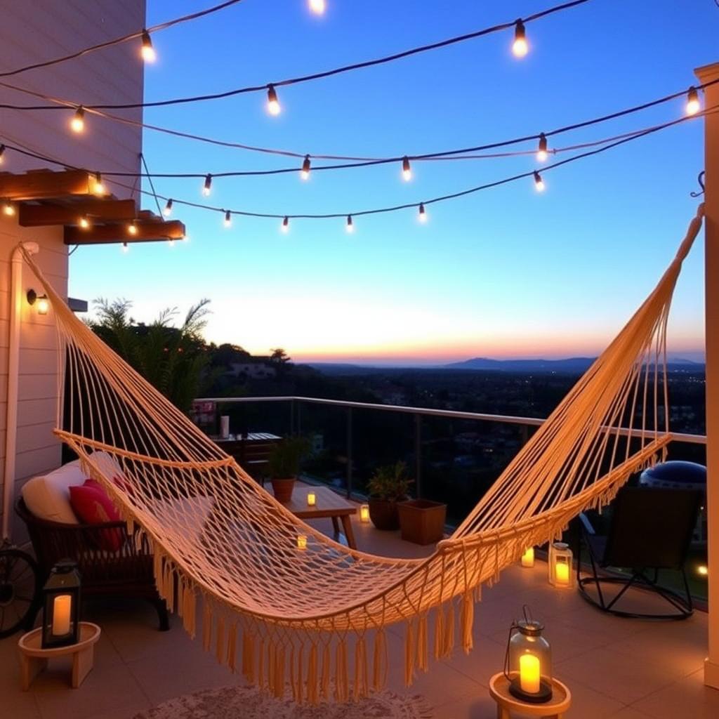 Boho Hängematte auf einer Terrasse mit Lichterketten Boho Hängematte auf einer Terrasse mit Lichterketten
