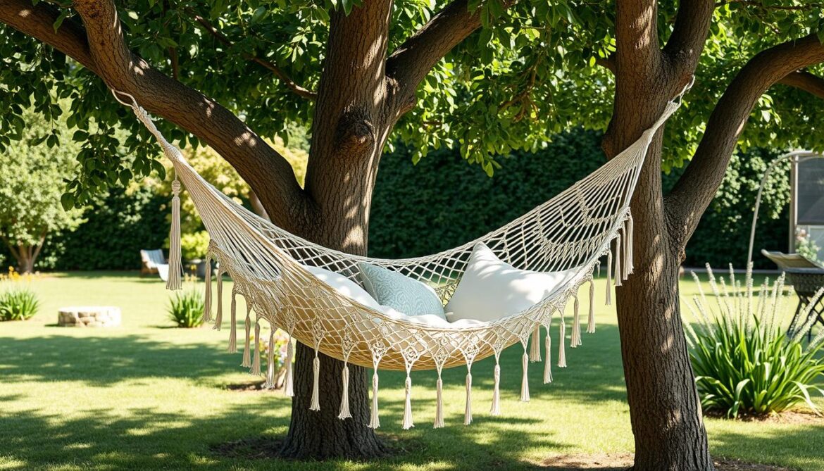 Boho Hängematte im Garten zwischen zwei Bäumen aufgehängt mit Boho-Dekoration