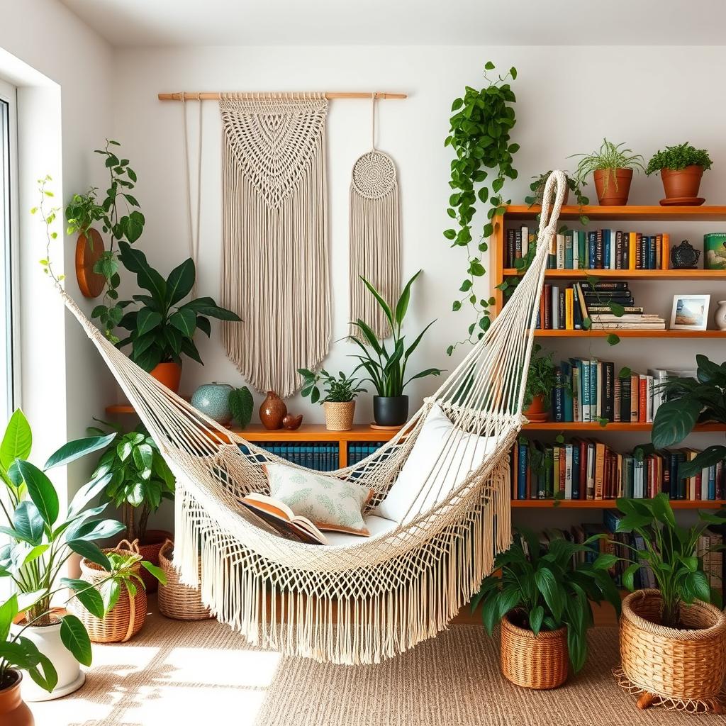 Boho Hängematte im Wohnzimmer als Deko-Element Boho Hängematte im Wohnzimmer als Deko-Element