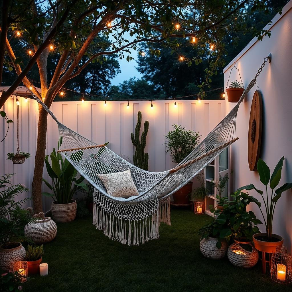 Boho Hängematte in einem minimalistischen Garten mit Dekoration Boho Hängematte in einem minimalistischen Garten mit Dekoration