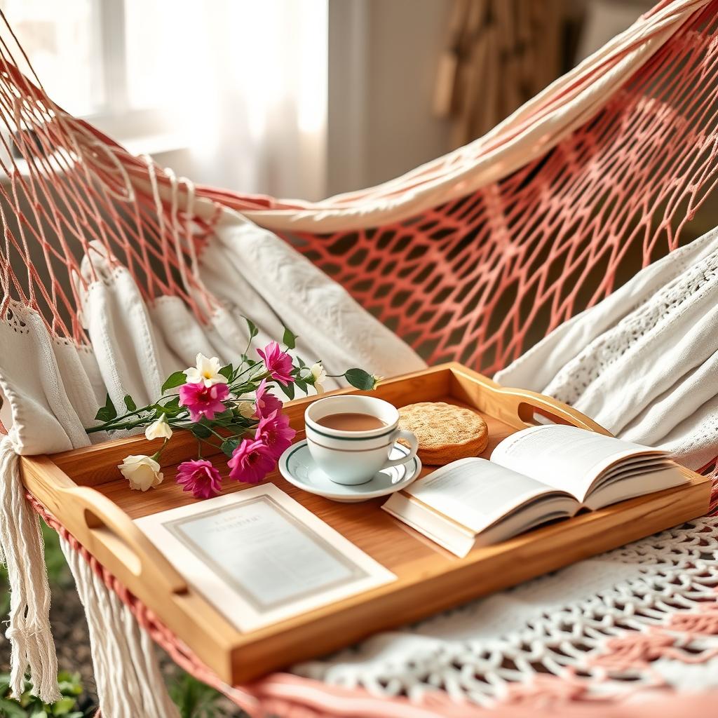 Boho Hängematte mit Frühstückstablett und Kaffee Boho Hängematte mit Frühstückstablett und Kaffee