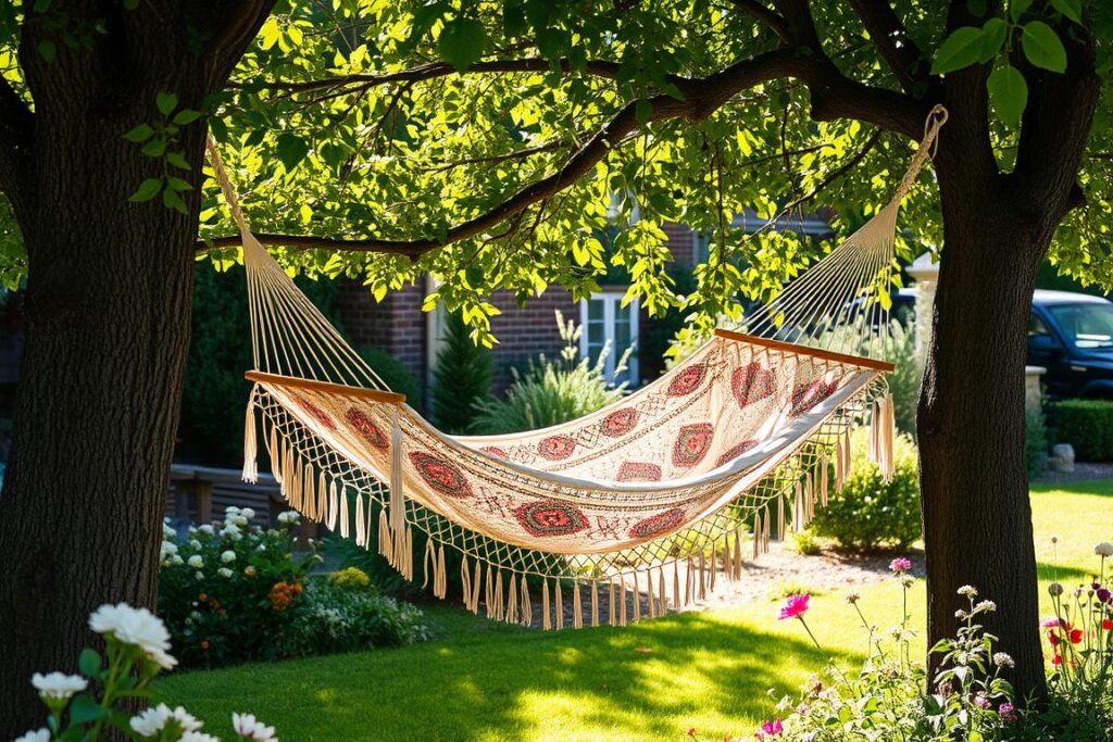 Boho Hängematte zwischen zwei Bäumen in einem sonnigen Garten Boho Hängematte zwischen zwei Bäumen in einem sonnigen Garten