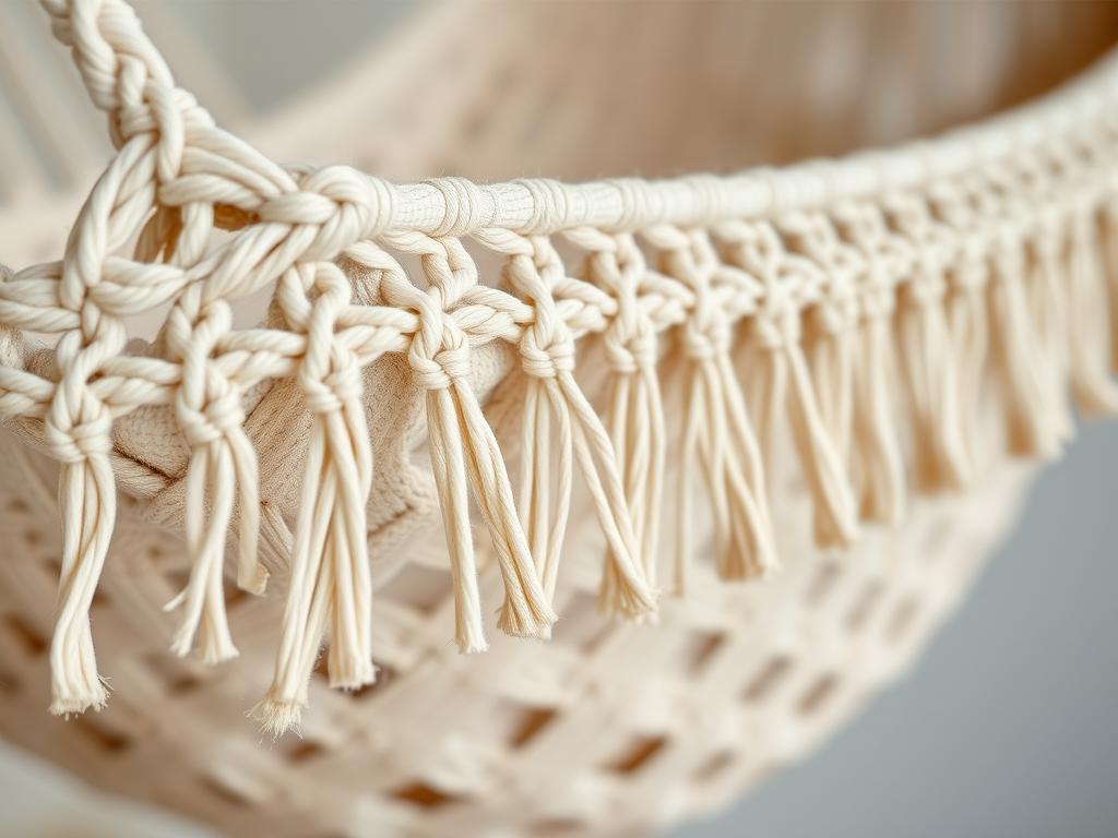 Nahaufnahme der Boho Hängematte mit handgeknüpften Fransen und Makramee-Details Nahaufnahme der Boho Hängematte mit handgeknüpften Fransen und Makramee-Details