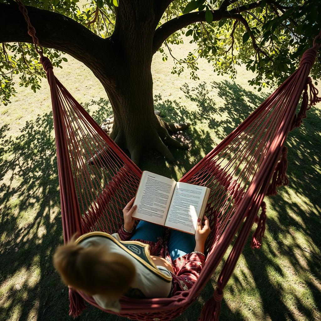 Person liest ein Buch in einer Boho Hängematte im Schatten Person liest ein Buch in einer Boho Hängematte im Schatten